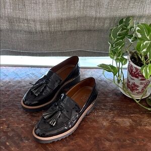 Only worn once – stylish and comfy Franco Sarto patent leather tassel loafers.